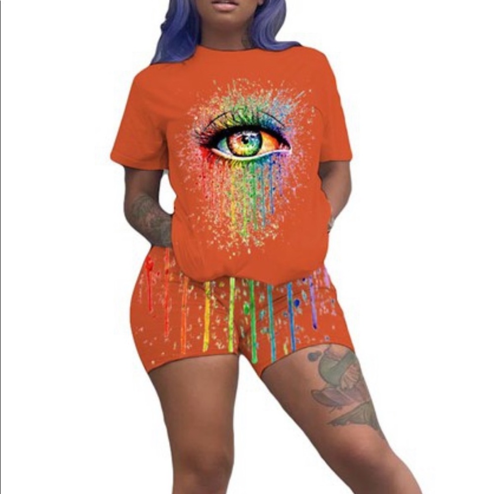 Orange 2PC Eye Shorts Set
